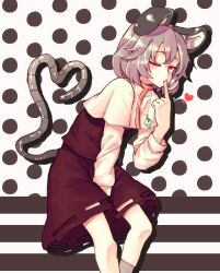  animal_ears between_legs capelet commentary_request female finger_in_own_mouth gem grey_hair hand_between_legs heart heart_tail jewelry leaning_forward mouse_ears mouse_tail nazrin necklace one_eye_closed pendant photoshop_(medium) red_eyes shirt skirt skirt_set solo tail touhou yunuki_uta 