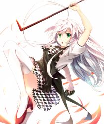  :o ahoge arm_up bow checkered_clothes checkered_skirt commentary_request crowbar explosive female green_eyes grenade grey_hair haiyore!_nyaruko-san high_heels holding holding_crowbar huge_ahoge leg_up long_hair nyarlathotep_(nyaruko-san) open_mouth puffy_sleeves red_footwear sakura_ani shirt shoes skirt solo thighhighs v-shaped_eyebrows white_hair white_thighhighs zettai_ryouiki 