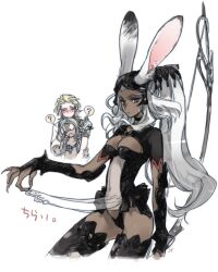  2boys ? animal_ears armor bad_id bad_pixiv_id basch_fon_ronsenburg blonde_hair blush bow_(weapon) breasts brown_eyes cleavage covering_own_eyes dark-skinned_female dark_skin ears_through_headwear female final_fantasy final_fantasy_xii fran_(ff12) grey_hair helmet long_hair medium_breasts multiple_boys open_mouth rabbit_ears revealing_clothes short_hair thighhighs toujou_sakana vaan_(ff12) viera weapon 