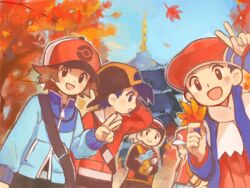  5boys autumn autumn_leaves backwards_hat bad_drawr_id bad_id bandana baseball_cap black_hair brendan_(pokemon) brown_hair coat day ethan_(pokemon) falling hat hilbert_(pokemon) holding holding_leaf holding_pokemon leaf looking_at_viewer lucas_(pokemon) maple_leaf mudkip muguu multiple_boys oekaki outdoors pokemon pokemon_(creature) pokemon_bw pokemon_dppt pokemon_frlg pokemon_hgss pokemon_platinum pokemon_rse red_(pokemon) scarf tower winter_clothes 