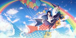  1boy balloon bird black_hair book card clock commentary_request female highres holding holding_hands hourglass koinobori long_hair no_shoes original photoshop_(medium) playing_card rainbow reira_(zetalatte) school_uniform serafuku shirt sky surreal thighhighs umbrella windsock 