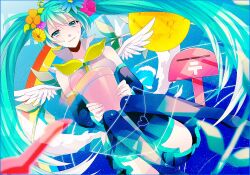  achiki aqua_eyes aqua_hair bad_id bad_pixiv_id female flower hair_flower hair_ornament hatsune_miku hello_planet_(vocaloid) long_hair looking_at_viewer pot skirt smile solo thighhighs twintails very_long_hair vocaloid wings 