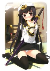  bad_link black_hair black_thighhighs blush female hat highres kantoku katana long_hair nose_blush original panties pantyshot peaked_cap red_eyes scan scan_artifacts sheath sitting solo sword tatami thighhighs underwear very_long_hair wariza weapon weapon_stand white_panties 