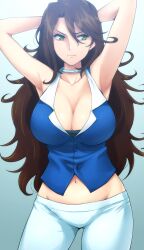  armpits arms_behind_head arms_up breasts brown_hair cleavage collar curvy female green_eyes gundam gundam_00 hairu highres large_breasts legs long_hair looking_away mound_of_venus navel raised_eyebrow scowl simple_background solo standing sumeragi_lee_noriega thighs wavy_hair 