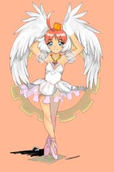  ahoge bad_id bad_pixiv_id blue_eyes crown dreamisid dress female gears ink jewelry necklace paper pink_hair princess_tutu princess_tutu_(character) quill solo standing transformation tutu wings 