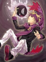  1boy bad_id bad_pixiv_id black_shirt blonde_hair gastly hairband headband ichi_kawa_ichi male_focus morty_(pokemon) oerba_yun_fang pants pokemon pokemon_(creature) pokemon_hgss purple_eyes purple_hairband purple_scarf scarf shirt short_hair smile smoke sweater white_pants 