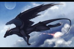  claws cloud commentary_request dragon flying konshin letterboxed moon no_humans pixiv_fantasia pixiv_fantasia_sword_regalia sky solo star_(sky) tail wings 