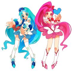  2girls blue_bow blue_eyes blue_hair blue_skirt boots bow brooch commentary_request cure_blossom cure_marine hanasaki_tsubomi heart heart_brooch heartcatch_precure! high_ponytail jewelry knee_boots kurumi_erika long_hair magical_girl mmlu_(honwa_karesu) multiple_girls open_mouth outstretched_hand pink_hair ponytail precure red_bow simple_background skirt white_background wrist_cuffs 