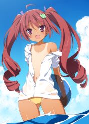  :d ahoge ball bare_shoulders beachball bikini blush commentary_request female flat_chest hair_ornament hair_ribbon hazuki_watora hood hoodie jacket jacket_over_swimsuit kani_biimu long_hair navel oerba_yun_fang off_shoulder one-piece_tan open_mouth original purple_eyes red_hair ribbon smile solo swimsuit tan tanlines twintails wading water yellow_bikini 