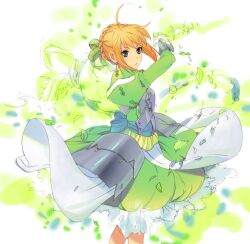  adapted_costume ahoge armor armored_dress artoria_pendragon_(fate) bad_id bad_pixiv_id blonde_hair fate/stay_night fate_(series) female green_eyes green_theme hair_ribbon highres invisible_air_(fate) leaf puffy_sleeves ribbon saber_(fate) solo umishima_senbon wind 