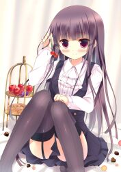  apple ascot azumi_kazuki black_hair black_thighhighs blush candy cherry chocolate clothes_between_thighs commentary_request dress female food fruit garter_straps grapes heart heart-shaped_chocolate inu_x_boku_ss long_hair photoshop_(medium) purple_eyes school_uniform shirakiin_ririchiyo sitting solo striped_clothes striped_thighhighs thighhighs tiered_tray vertical-striped_clothes vertical-striped_thighhighs 