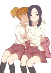  2girls assertive_female bad_id bad_pixiv_id black_hair black_legwear breasts brown_eyes fresh_precure! groping hand_under_clothes hand_under_shirt higashi_setsuna kneehighs minatsuki_randoseru momozono_love multiple_girls navel orange_hair pink_eyes precure school_uniform shirt short_twintails sitting small_breasts socks twintails upshirt white_background yuri 