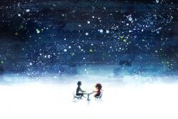  1boy abstract bad_id bad_pixiv_id blue_theme female madotsuki nabenko night sekomumasada_sensei sky snow star_(symbol) table white_theme yume_nikki 