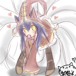  aged_down ahri_(league_of_legends) alternate_height animal_ears candy commentary ears_through_headwear english_commentary female food fox_tail fusion hat heart league_of_legends leaning_forward lollipop long_hair looking_at_viewer lulu_(league_of_legends) multiple_tails neko_baby pointy_ears purple_hair solo tail whiskers witch_hat yellow_eyes yordle 