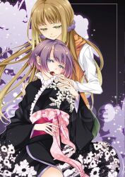  2girls bad_id bad_pixiv_id blonde_hair blue_eyes casual cover cover_page demon_girl eyelashes floral_print frilled_kimono frills green_eyes horns japanese_clothes jpeg_artifacts kimono licking licking_finger long_hair makoto_rrd multiple_girls obi oni_horns original pointy_ears polka_dot polka_dot_ribbon purple_hair ribbon sample_watermark sash short_hair twintails unmoving_pattern watermark yukata yuri 