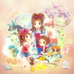  2boys 2girls aircraft airplane altaria alternate_color baseball_cap beak bird blue_eyes blue_feathers brown_hair celebi chandelure cocoloco commentary_request eevee espeon feathers fluffy hairband handheld_game_console hat hilbert_(pokemon) hilda_(pokemon) keldeo keldeo_(ordinary) lolicon long_hair lucario mew_(pokemon) multiple_boys multiple_girls munna nintendo_ds pikachu piplup pokemon pokemon_(creature) pokemon_bw pokemon_rgby ponytail purple_eyes red_(pokemon) red_eyes reshiram shiny_pokemon short_hair skitty snivy toy vest victini white_feathers zekrom 