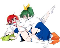  2girls blush commentary_request green_eyes green_hair hino_akane_(smile_precure!) leg_grab leg_up midorikawa_nao multiple_girls nanairogaoka_middle_school_uniform open_mouth ponytail precure red_eyes red_hair school_uniform short_hair sleeves_rolled_up smile_precure tima undressing 