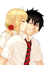  1boy ao_no_exorcist black_hair closed_eyes commentary_request female flower gchi grin hair_flower hair_ornament kissing kissing_cheek md5_mismatch moriyama_shiemi oerba_yun_fang okumura_rin resolution_mismatch smile source_larger straight transparent_background 