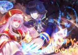  1boy black_hair blue_eyes cape chinese_clothes commentary_request female ghost glowing glowing_eyes grey_hair halloween happy_halloween hat horns long_hair magic_circle mamusya original red_eyes sleeves_past_wrists 