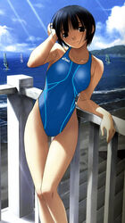  arm_support asics beach black_eyes black_hair blue_one-piece_swimsuit blunt_bangs blush breasts breasts_apart closed_mouth cloud collarbone colored_stripes competition_swimsuit day emblem female groin halterneck hand_on_own_head hand_up hashimoto_takashi head_tilt highleg highleg_swimsuit hill horizon ichinose_mio jpeg_artifacts leaning_to_the_side legs legs_together light_rays light_smile looking_at_viewer medium_breasts ocean one-piece_swimsuit outdoors railing short_hair skin_tight sky solo stairs standing striped_clothes striped_one-piece_swimsuit sunbeam sunlight swimsuit thigh_gap third-party_edit vertical-striped_clothes vertical-striped_one-piece_swimsuit water wet wet_hair white_breath windsurfing 