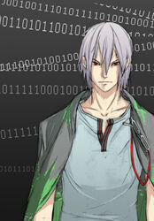  1boy bad_id bad_pixiv_id binary cloak devil_survivor digits grey_hair izumo_k male_focus naoya_(devil_survivor) red_eyes solo 