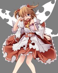  ascot blue_eyes brown_hair dress female female hair_ribbon headdress highres letterboxed obi oerba_yun_fang open_mouth patterned puffy_sleeves red_ribbon ribbon s-syogo sash short_hair skirt solo strap_slip sunny_milk tears torn_clothes torn_wings touhou twintails underwear wings 