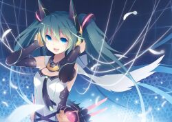  :d bad_id bad_pixiv_id bare_shoulders blue_eyes detached_sleeves feathers female green_hair hands_on_headphones hatsune_miku hatsune_miku_(append) headphones hexagon katou_itsuwa long_hair open_mouth smile solo twintails vocaloid vocaloid_append 