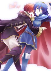  2girls :d blue_eyes blue_hair blush boots cape closed_eyes commentary_request fingerless_gloves fire_emblem fire_emblem_awakening frown gloves long_hair lucina_(fire_emblem) morgan_(female)_(fire_emblem) morgan_(fire_emblem) multiple_girls open_mouth pantyhose red_hair short_hair smile sweatdrop tachibana_ayame thigh_boots thighhighs 