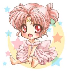  aged_down baby back_bow bare_shoulders barefoot bishoujo_senshi_sailor_moon blush bow bracelet chibi_usa commentary_request cone_hair_bun crescent crescent_facial_mark double_bun dress facial_mark female forehead_mark full_body hair_bun hair_ornament hairpin huge_bow jewelry lowres no_nose pink_dress pink_hair shirataki_kaiseki short_hair short_twintails sitting small_lady_serenity solo star_(symbol) twintails v_arms 