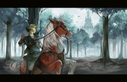  1boy animal bad_id bad_pixiv_id blonde_hair castle epona forest gloves green_hat green_tunic hat horse horseback_riding letterboxed link mooffin nature pointy_ears riding sheath sheathed sword the_legend_of_zelda the_legend_of_zelda:_ocarina_of_time tunic weapon 