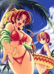  2girls absurdres age_difference ass beach bikini blue_eyes breasts brown_hair cleavage cloud copyright_request day flat_chest foreshortening front-tie_top highres looking_back medium_breasts mil_(xration) multiple_girls navel non-web_source one-piece_swimsuit open_mouth outdoors palm_tree ponytail sandals side-tie_bikini_bottom swimsuit tree 