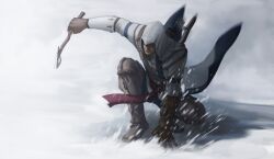  1boy assassin&#039;s_creed_(series) assassin&#039;s_creed_iii belt bow_(weapon) commentary_request connor_kenway gloves hood male_focus photoshop_(medium) quiver snow solo threeluggage tomahawk vambraces weapon 