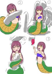  biting blush food hand hands kaname lamia monster_girl naga purple_hair 