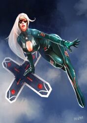  artist_request bodysuit boomerang breasts cleavage cleavage_cutout clothing_cutout female gloves large_breasts league_of_legends leaning_forward lips lipstick long_hair makeup photoshop_(medium) sivir solo visor weapon white_hair 