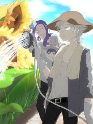  2boys casual commentary_request fate/zero fate_(series) female flower hat highres hose lancelot_(fate/zero) long_hair matou_kariya mimoza multiple_boys outdoors photoshop_(medium) purple_hair spoilers sun_hat sunflower towel white_hair 