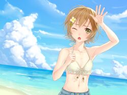  1boy armpits beach bikini bikini_top_only brown_hair chestnut_mouth cloud commentary_request crossdressing day green_eyes hair_ornament hairclip mako-chan_(minami-ke) makoto_(minami-ke) male_focus minami-ke navel ocean one_eye_closed otoko_no_ko otosume_ruiko outdoors sky solo swimsuit 