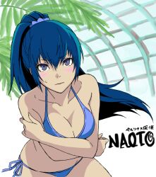  alternate_hair_length alternate_hairstyle bent_over bikini blue_bikini blue_eyes blue_hair blush breasts cleavage colorized commentary_request female halterneck large_breasts long_hair parody persona persona_4 persona_x_detective photoshop_(medium) ponytail raven252 shirogane_naoto side-tie_bikini_bottom solo string_bikini swimsuit 