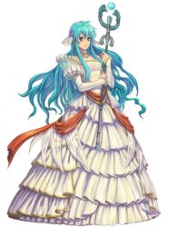  aqua_eyes aqua_hair choker detached_sleeves dress eirika_(fire_emblem) female fire_emblem fire_emblem:_the_sacred_stones fire_emblem_awakening flower frilled_dress frills hair_flower hair_ornament izuka_daisuke long_hair official_art sidelocks solo staff translucent wedding_dress white_dress 