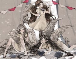  3girls bad_id bad_pixiv_id bandaid bare_legs barefoot big_hair black_hair book braid brown_hair dress feathered_wings grey_hair grey_theme head_rest long_hair lying multiple_girls nekosuke_(oxo) on_stomach original paper pointy_ears puffy_sleeves sitting twin_braids window wings 