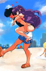  1boy armlet beach bikini black_hair blush braid breast_press carrying cloud commentary day female full-face_blush hair_bobbles hair_ornament licking licking_another&#039;s_neck long_hair muscular naughty_face outdoors overlord_jc photoshop_(medium) piggyback purple_hair ranma_1/2 red_eyes sandals saotome_ranma shampoo_(ranma_1/2) shorts side-tie_bikini_bottom single_braid swimsuit tan tank_top 