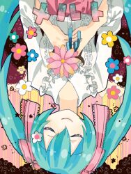  aqua_hair ayame_(3103942) bad_id bad_pixiv_id closed_eyes female flower frills hair_ribbon hatsune_miku head_tilt long_hair melt_(vocaloid) own_hands_clasped own_hands_together ribbon smile solo twintails upside-down vocaloid 