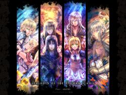  4boys 4girls apron armor artoria_pendragon_(fate) bare_shoulders bedivere_(fate) blonde_hair blue_eyes bow braid cape commentary_request detached_sleeves dress facial_mark fate/extra fate/stay_night fate/unlimited_codes fate/zero fate_(series) gawain_(fate) glowing glowing_eyes green_eyes hairbow highres lancelot_(fate/zero) long_hair maid merlin_(fate) multiple_boys multiple_girls multiple_persona photoshop_(medium) ponytail purple_eyes purple_hair saber_(fate) saber_alter saber_lily steelgarden white_hair yellow_eyes 