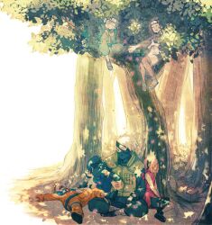  2girls 4boys ayi bad_id bad_pixiv_id blonde_hair blue_hair book brown_hair covering_one_eye dappled_sunlight forehead_protector grin hatake_kakashi hugging_own_legs in_tree leaf lying multiple_boys multiple_girls naruto naruto_(series) nohara_rin open_mouth outdoors pink_hair reading resting sakura_haruno shade sitting sitting_in_tree sleeping smile sunlight tree uchiha_obito uchiha_sasuke under_tree uzumaki_naruto watermark web_address white_hair 