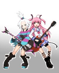  2girls :d ahoge angel_beats! ankle_boots aqua_eyes bare_shoulders bass_guitar blush blush_stickers boots collar combat_boots commentary_request cross crossover dress electric_guitar fishnet_socks fishnets flat_chest freckles gradient_background grey_background grin guitar hair_bobbles hair_ornament hair_ribbon holding instrument kitamura_eri knee_boots kneehighs leaning long_hair long_sleeves megane_chuu midriff miniskirt multiple_girls music necktie off_shoulder open_mouth outline pink_eyes pink_hair platform_footwear playing_instrument pleated_skirt pokemon pokemon_bw2 ribbon roxie_(pokemon) school_uniform serafuku shinda_sekai_sensen_uniform shirt short_dress short_hair side-by-side sidelocks skirt sleeves_past_wrists smile socks standing striped_clothes striped_dress thigh_strap topknot torn_clothes torn_dress two_side_up very_long_hair voice_actor_connection white_hair wide_sleeves yui_(angel_beats!) 