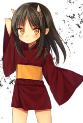  arm_up black_hair blush brown_eyes commentary_request female hinomoto_oniko horns japanese_clothes kimono long_hair midorikawa_you obi oni oni_horns original photoshop_(medium) sash solo 