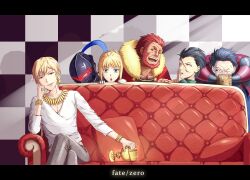  5boys ahoge artoria_pendragon_(fate) beard berserker_(fate/zero) black_eyes black_hair blonde_hair book bracelet chalice checkered_background commentary_request couch cup diarmuid_ua_duibhne_(lancer)_(fate) facial_hair fate/zero fate_(series) female finger_to_mouth gilgamesh_(fate) gilles_de_rais_(caster)_(fate) green_eyes grey_hair helmet iskandar_(fate) jewelry letterboxed multiple_boys necklace official_alternate_costume one_eye_closed photoshop_(medium) red_eyes red_hair saber_(fate) tristana-shen yellow_eyes 