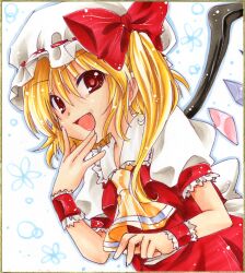  ascot blonde_hair border commentary_request dutch_angle female flandre_scarlet hand_on_own_chin hat hat_ribbon imoko. looking_at_viewer marker_(medium) millipen_(medium) nib_pen_(medium) oerba_yun_fang open_mouth outline red_eyes ribbon shikishi short_hair short_sleeves side_ponytail simple_background skirt solo touhou traditional_media vest white_background wings wrist_cuffs 