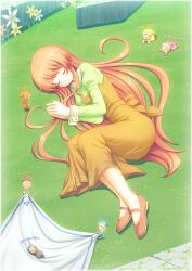  :d aruciii bad_id bad_pixiv_id blush closed_eyes dress fairy_(jintai) female flower hat highres jinrui_wa_suitai_shimashita long_hair lying on_side open_mouth orange_hair own_hands_together photoshop_(medium) sleeping smile solid_circle_eyes solo watashi_(jintai) 