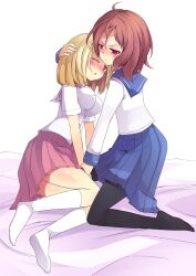  2girls arashiya bad_id bad_pixiv_id blonde_hair blush brown_hair fukuji_mihoko kazekoshi_school_uniform kiyosumi_school_uniform kneeling multiple_girls pantyhose photoshop_(medium) saki_(manga) school_uniform serafuku short_hair sitting takei_hisa yuri 