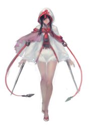  assassin&#039;s_creed_(series) cape full_body hair_over_one_eye hidden_blade hood kishiyo long_hair looking_at_viewer original ribbon simple_background skirt solo weapon white_background 